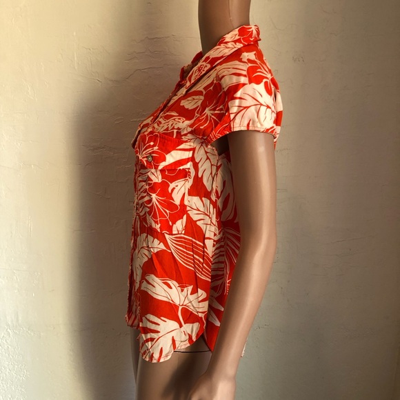 MNG Mango Orange/Cream Oversized Flowy Tropical Printed Shirt Women’s Size 4 Top - Picture 3 of 16